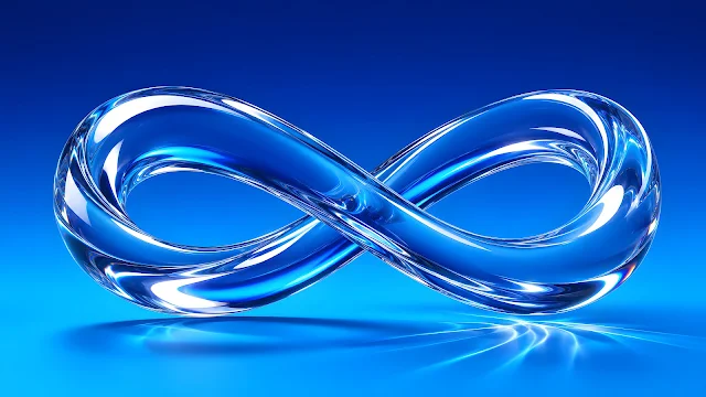 Twisted clear glass fluid ribbon forming a dynamic double helix loop against a deep blue gradient background.