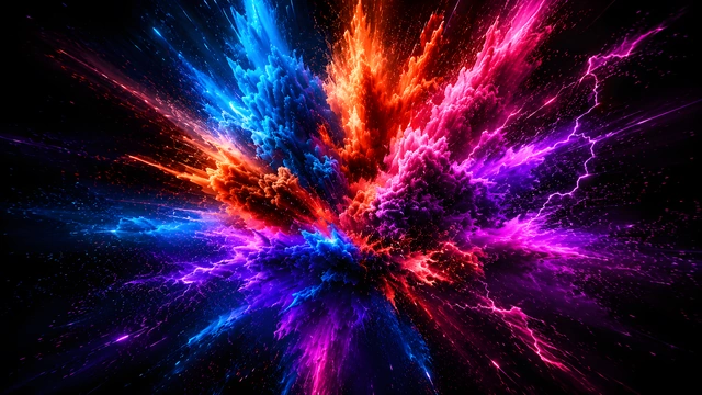 Explosion of bright blue, orange, and magenta powder with electric lightning sparks on a black background.