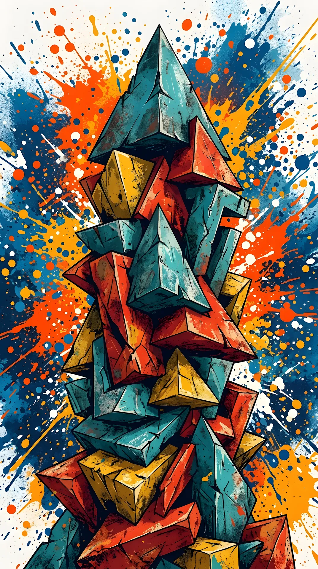 Abstract Composition of Geometric Pyramids with Vibrant Paint Splatters - Free 4K mobile Wallpaper