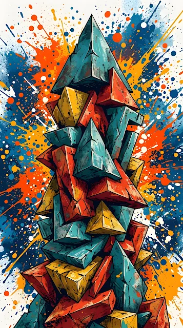 Abstract Composition of Geometric Pyramids with Vibrant Paint Splatters - Free mobile Wallpaper