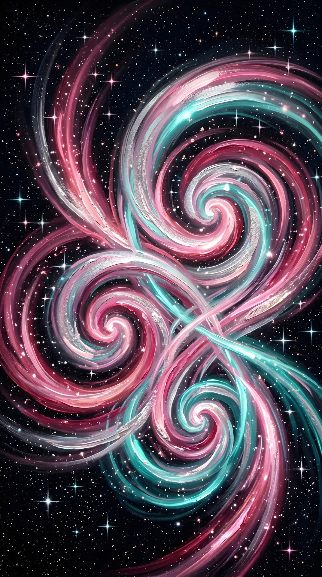 Abstract Cosmic Light Spirals in Pink Silver and Turquoise - Free 4K mobile Wallpaper