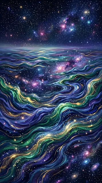 Abstract Cosmic Ocean Waves with Indigo Emerald and Gold Hues - Free 4K & 8K mobile Wallpaper