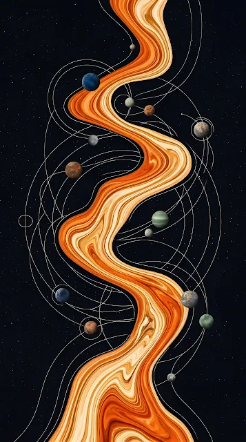 Abstract Cosmic River with Floating Planets Graphic Illustration - Free mobile Wallpaper