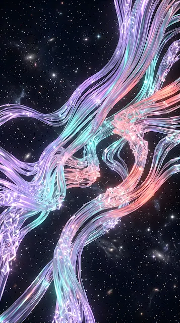Abstract Crystalline Strands Floating in a Starry Lavender and Teal Space - Free mobile Wallpaper
