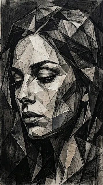 Abstract Cubist Monochrome Portrait of a Woman Face - Free 4K & 8K mobile Wallpaper