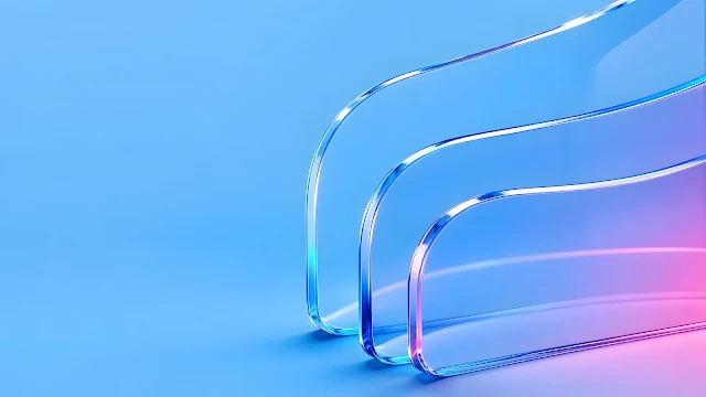 Close-up of translucent blue and purple curved glass layers against a clear blue background.