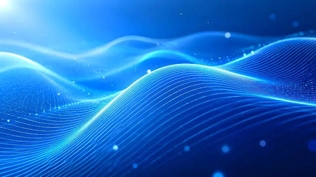 Glowing cyan and blue digital light lines forming smooth flowing technology waves.
