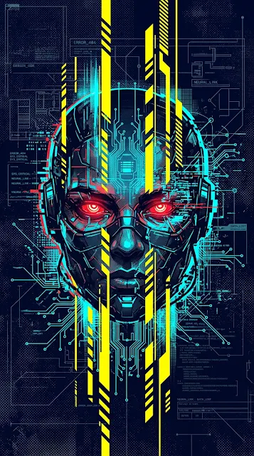 Abstract Cyberpunk Face Illustration with Geometric Glitch Elements - Free 4K & 8K mobile Wallpaper