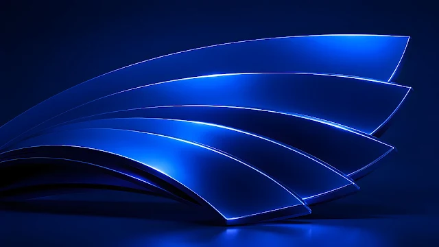 Sweeping panoramic view of glossy dark blue overlapping fan-shaped shell plates.