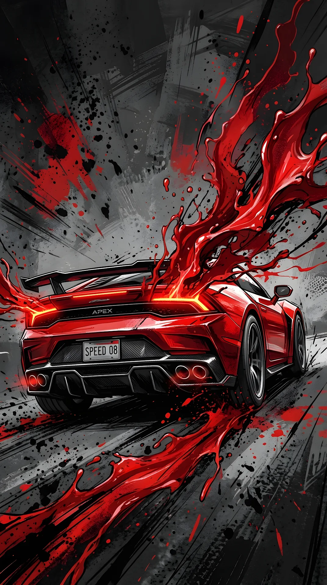 Abstract Digital Art of a Sports Car with Dynamic Red Paint Splashes - Free 4K mobile Wallpaper