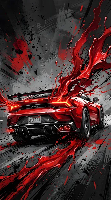 Abstract Digital Art of a Sports Car with Dynamic Red Paint Splashes - Free mobile Wallpaper