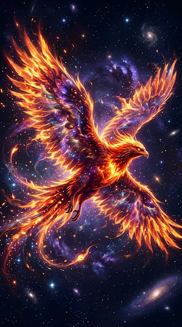 Abstract Digital Illustration of a Fire Eagle Rising with Cosmic Nebula Wings - Free mobile Wallpaper