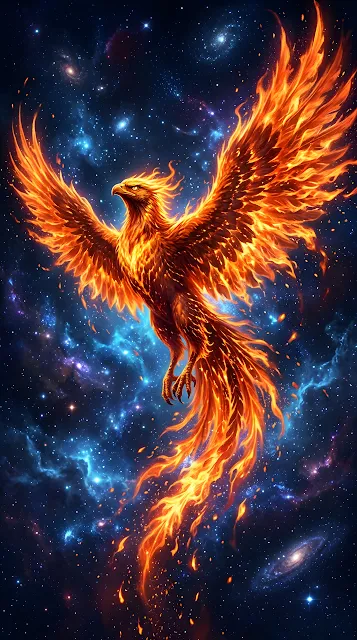 Abstract Digital Illustration of a Fire Phoenix with Expansive Wings in Space - Free mobile Wallpaper