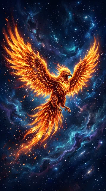 Abstract Digital Illustration of a Fire Phoenix with Expansive Wings in Space - Free mobile Wallpaper