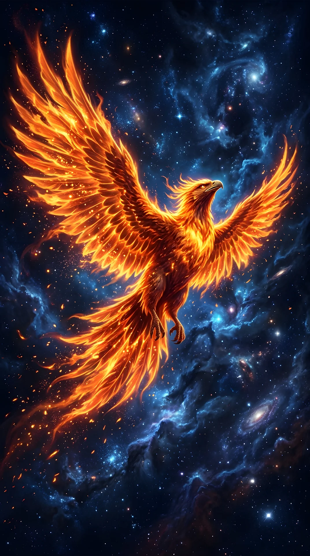 Abstract Digital Illustration of a Fire Phoenix with Expansive Wings in Space - Free 4K mobile Wallpaper