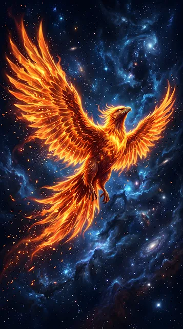 Abstract Digital Illustration of a Fire Phoenix with Expansive Wings in Space - Free mobile Wallpaper