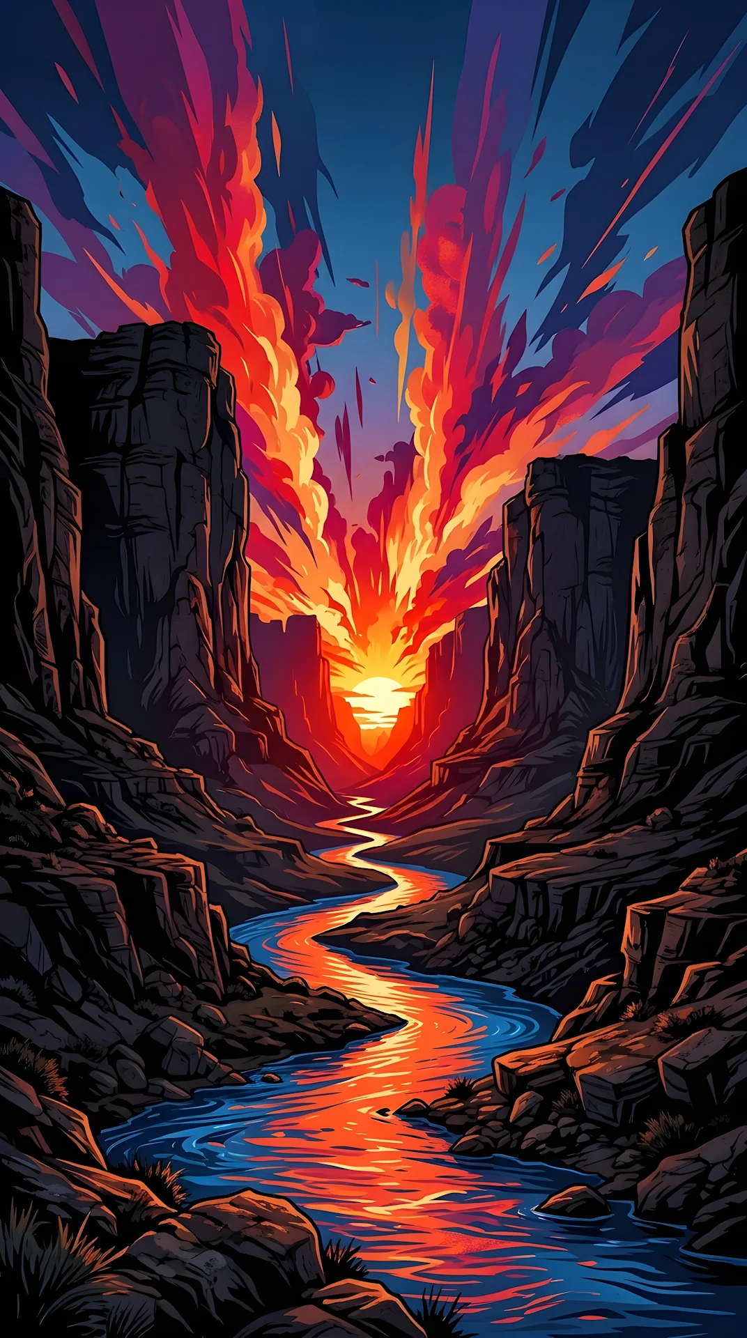 Abstract Digital Illustration of Sunset over Canyon River with Radiant Red Clouds - Free 4K mobile Wallpaper
