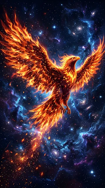 Abstract Digital Illustration of a Fire Phoenix with Expansive Wings in Space - Free mobile Wallpaper