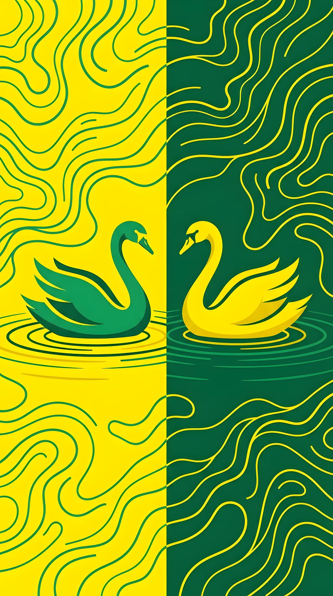 Abstract Digital Painting of Two Swans in Contrasting Green and Yellow Environments - Free 4K mobile Wallpaper