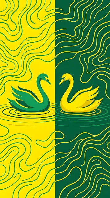 Abstract Digital Painting of Two Swans in Contrasting Green and Yellow Environments - Free mobile Wallpaper