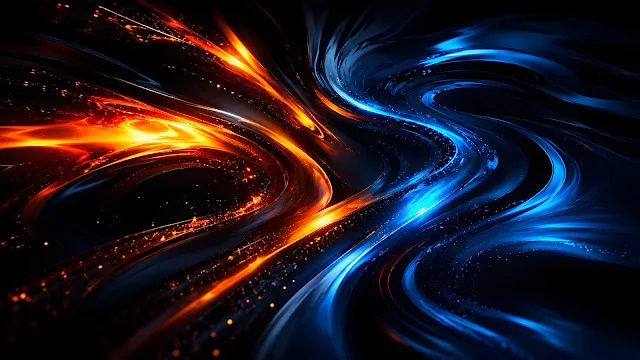 Swirling fluid waves in fiery orange and vibrant electric blue with glowing light particles on a dark background.