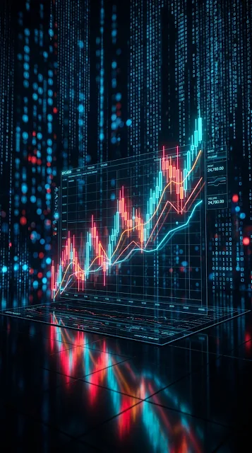 Abstract Financial Candlestick Chart with Glowing Holographic Data Overlays - Free 4K & 8K mobile Wallpaper