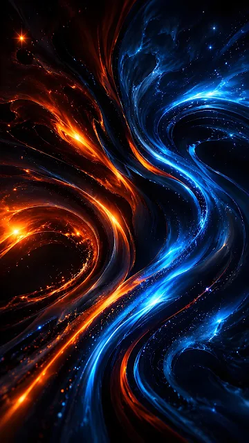 Intertwined swirling streams of glowing orange fire and vibrant blue ice energy with tiny sparkling stars.