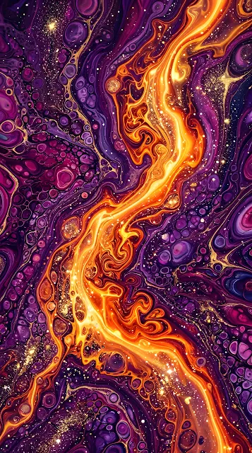 Abstract Fluid Marble Art with Vibrant Purple, Orange, and Gold Swirls - Free mobile Wallpaper