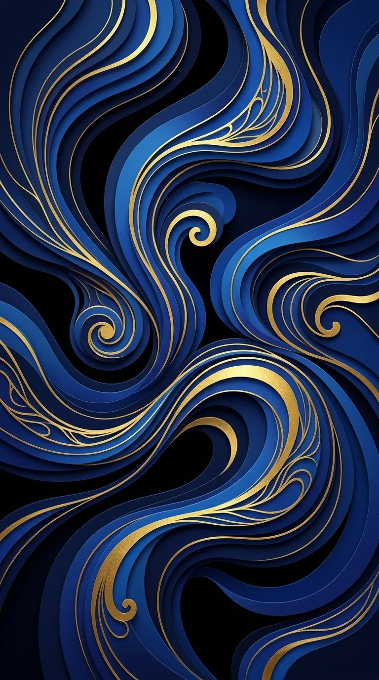 Abstract Fluid Shapes in Navy and Gold Dimensional Paper Style - Free 8K and 4K mobile Wallpaper Background
