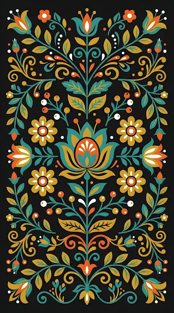 Abstract Folk Art Floral Pattern on Dark Background - Free mobile Wallpaper