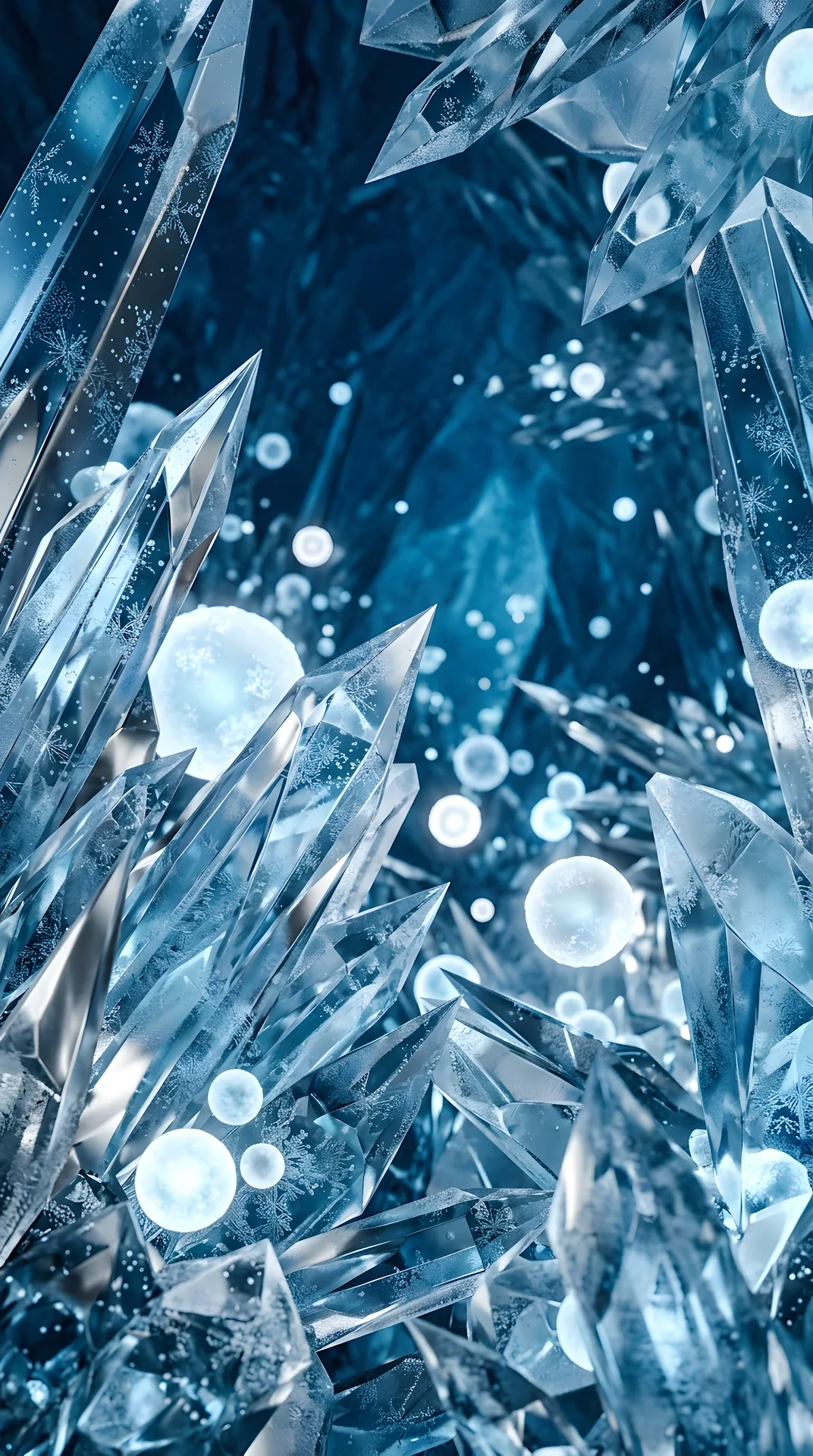 Abstract Frozen Futuristic Crystalline Structure with Glowing Spheres - Free 4K mobile Wallpaper