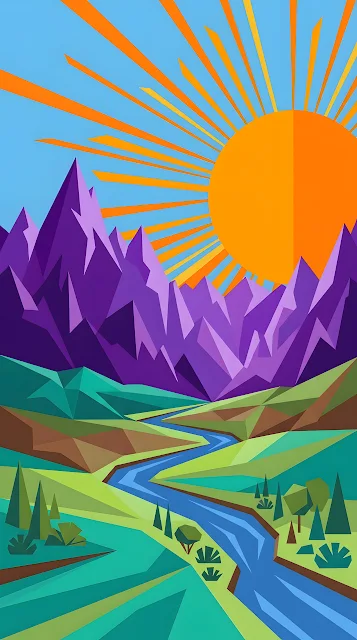 Abstract Geometric Illustration of Purple Mountains and an Orange Sun over a River - Free mobile Wallpaper
