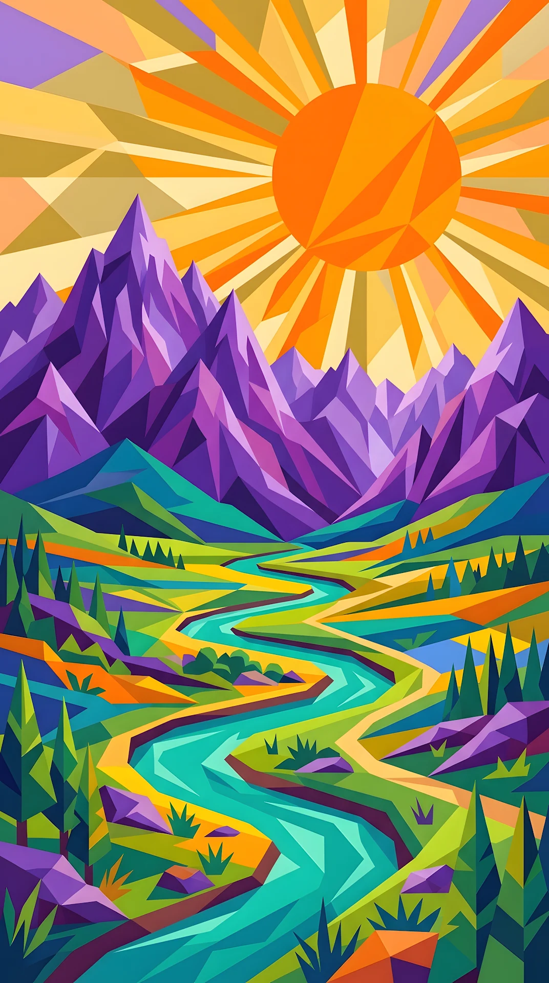 Abstract Geometric Landscape Illustration of Purple Mountains and a Sun over a River - Free 4K mobile Wallpaper