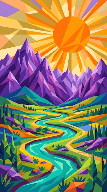 Abstract Geometric Landscape Illustration of Purple Mountains and a Sun over a River - Free mobile Wallpaper