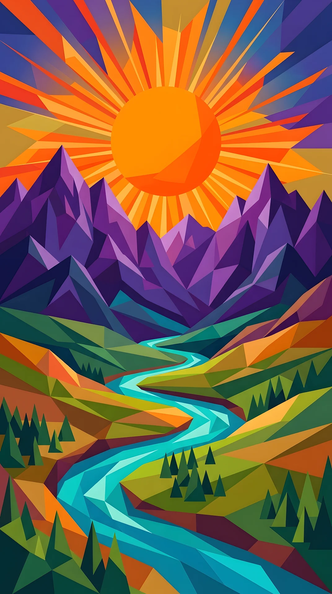 Abstract Geometric Landscape Illustration of Purple Mountains and a Sun over a River - Free 4K mobile Wallpaper