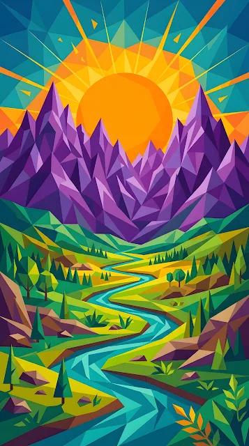 Abstract Geometric Landscape Illustration of Purple Mountains and a Sun over a River - Free mobile Wallpaper