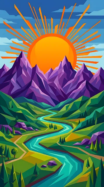 Abstract Geometric Landscape Illustration of Purple Mountains and a Sun over a River - Free mobile Wallpaper
