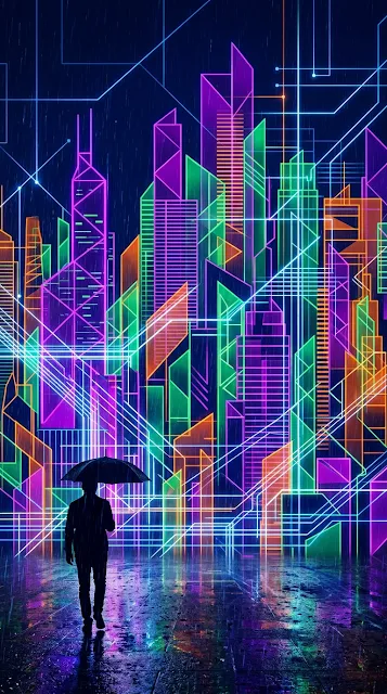 Abstract Geometric Metropolis at Night with Rainy Silhouette - Free 4K & 8K mobile Wallpaper