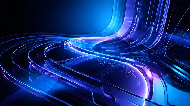 Curved transparent blue glass ribbons with illuminated dot grid matrices and glowing neon blue light trails.