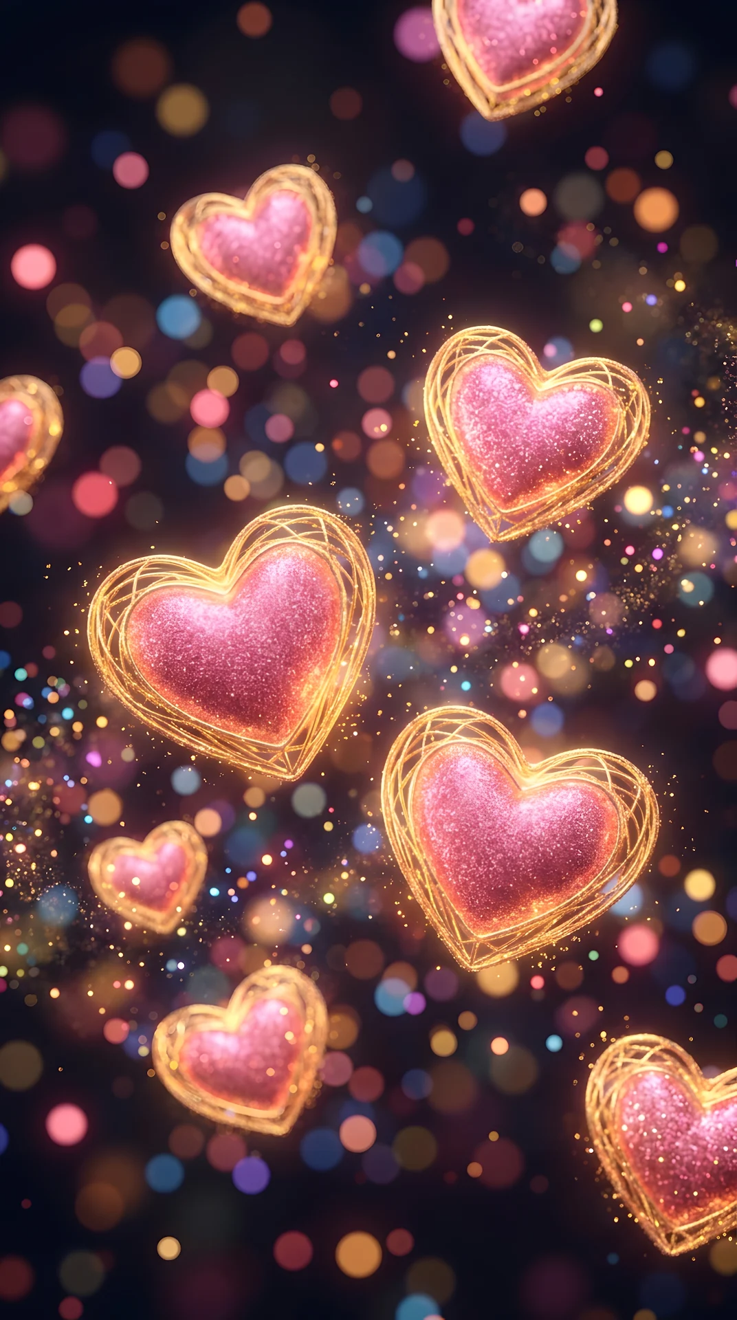 Abstract Glowing Golden and Pink Hearts in a Soft Bokeh Field - Free 4K mobile Wallpaper