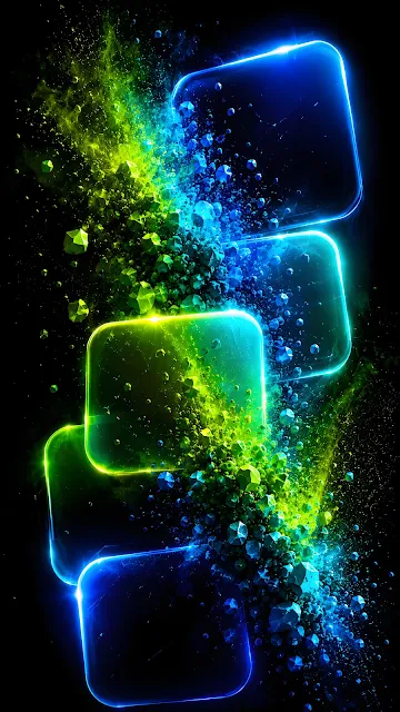 Stack of glowing translucent blue and green rounded glass cubes surrounded by bursting vibrant geometric particles on black.