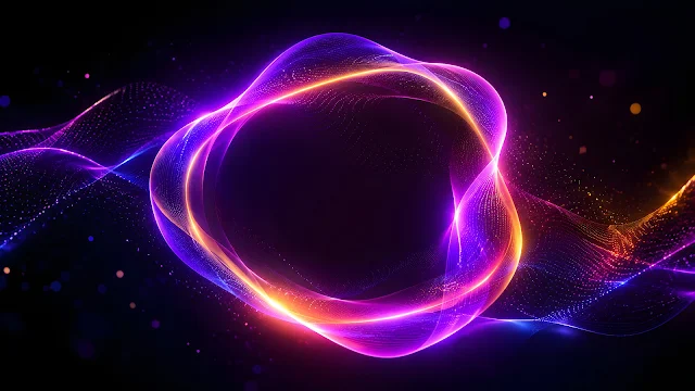Glowing purple and orange neon particle ring in dark space with central empty negative space for desktop interface layout.