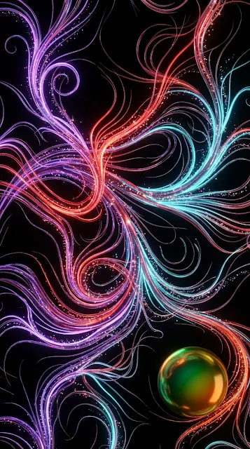 Abstract Glowing Neon Vines with Emerald and Amber Gemstone Orb - Free 4K & 8K mobile Wallpaper