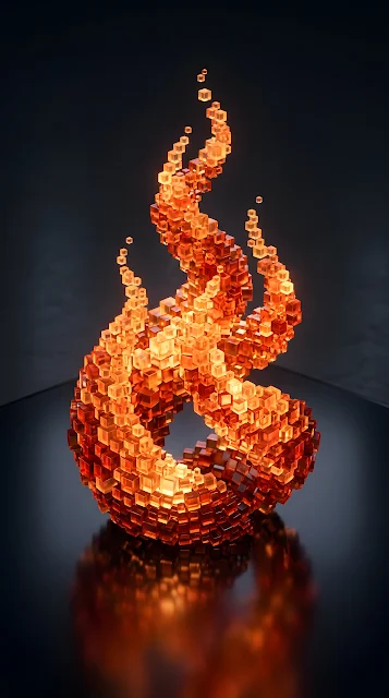 Abstract Glowing Voxel Flame Made of Cubes 3D Render - Free mobile Wallpaper