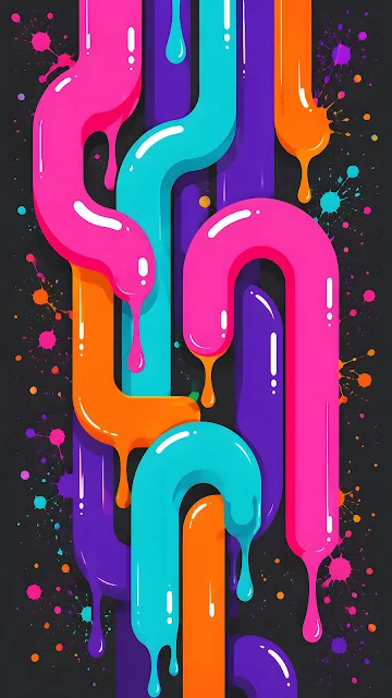 An abstract vector design showing interlinking, shiny tube-like paths in pink, blue, orange, and yellow with paint drips on a dark speckled background.