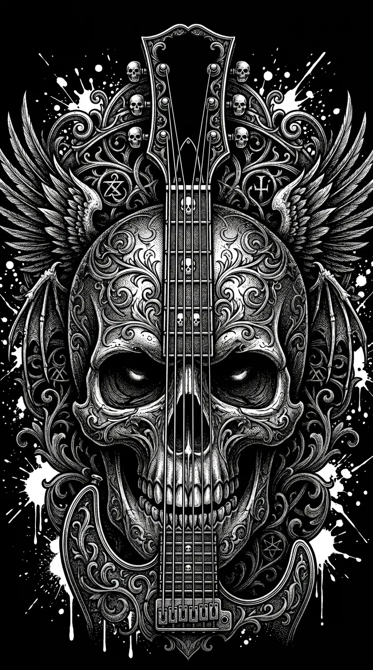 Abstract Guitar and Skull Monochromatic Digital Illustration - Free 8K and 4K mobile Wallpaper Background