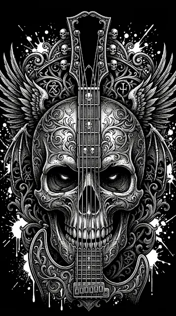 Abstract Guitar and Skull Monochromatic Digital Illustration - Free 4K & 8K mobile Wallpaper