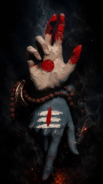 Textured thick impasto oil painting of two hands forming sacred spiritual mudra symbols on dark background.