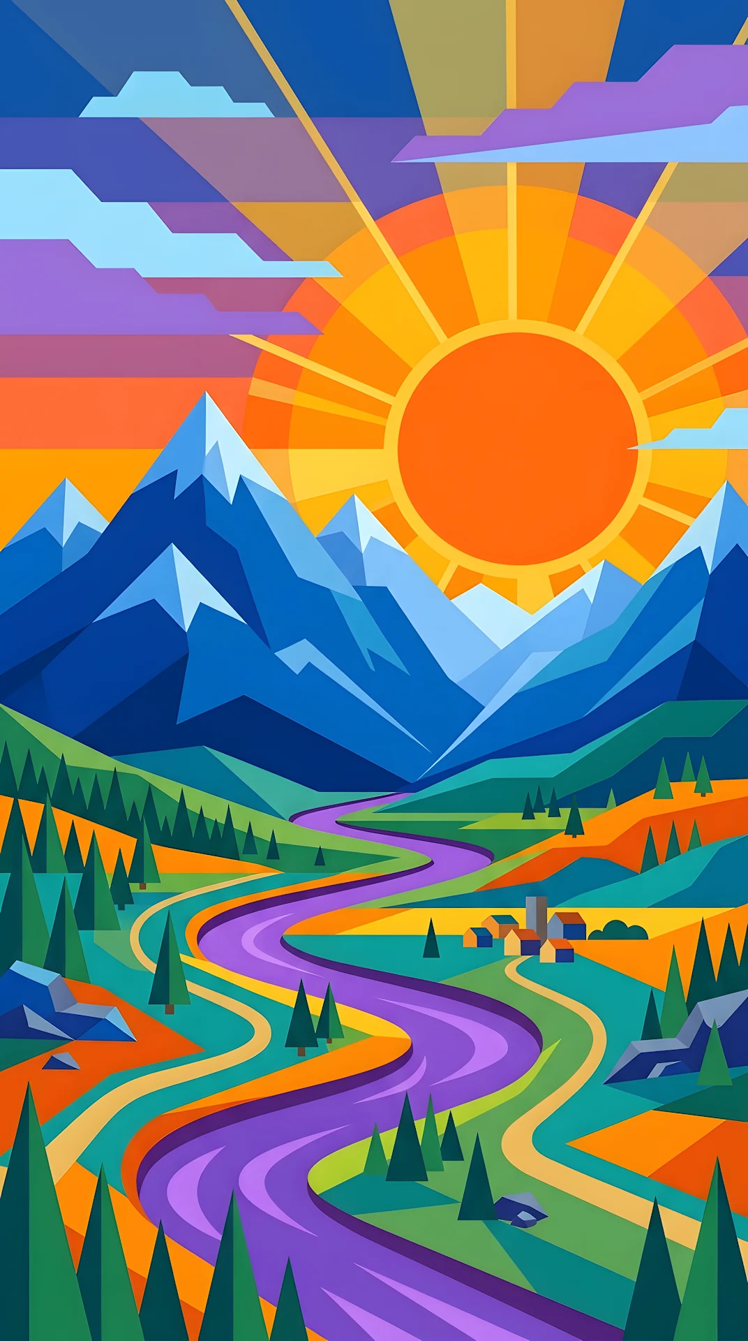 Abstract Landscape Illustration of Geometric Mountains and a Sinking Sun - Free 4K mobile Wallpaper