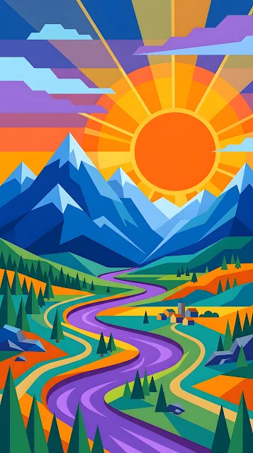 Abstract Landscape Illustration of Geometric Mountains and a Sinking Sun - Free mobile Wallpaper